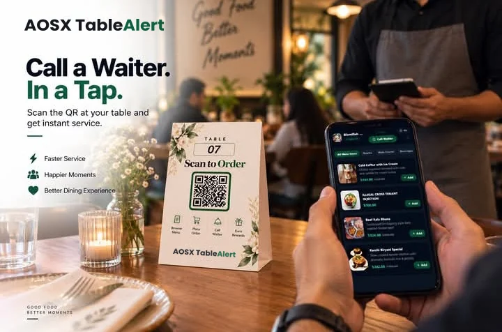 AOSX TableAlert in a restaurant, showing a table QR code, mobile menu and waiter receiving the request