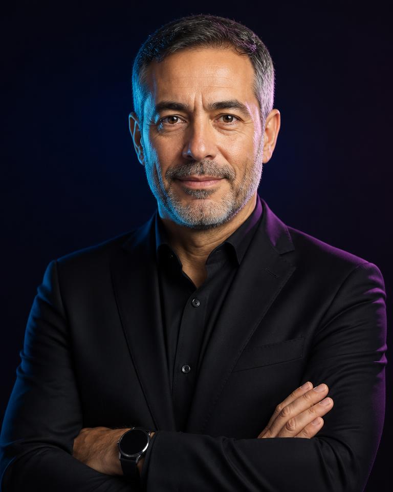 AI Search Specialist — photorealistic portrait of a male AI Employee in a black suit