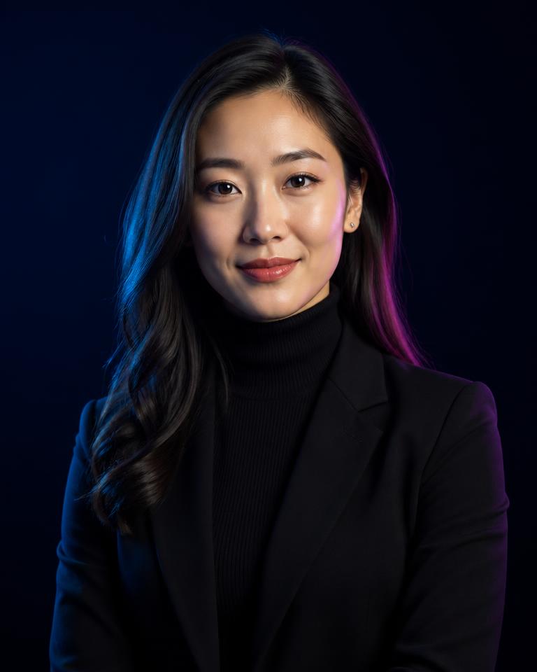 AI Social Media Manager — photorealistic portrait of an AI Employee in a black turtleneck