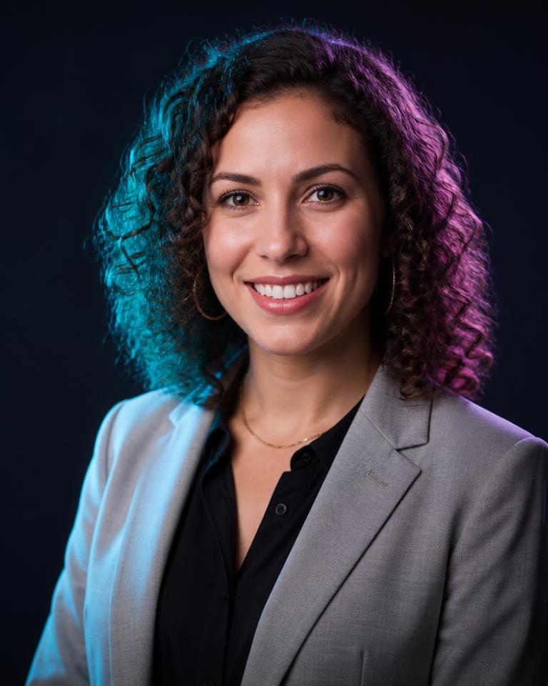 AI Reputation Specialist — photorealistic portrait of an AI Employee in a light grey blazer