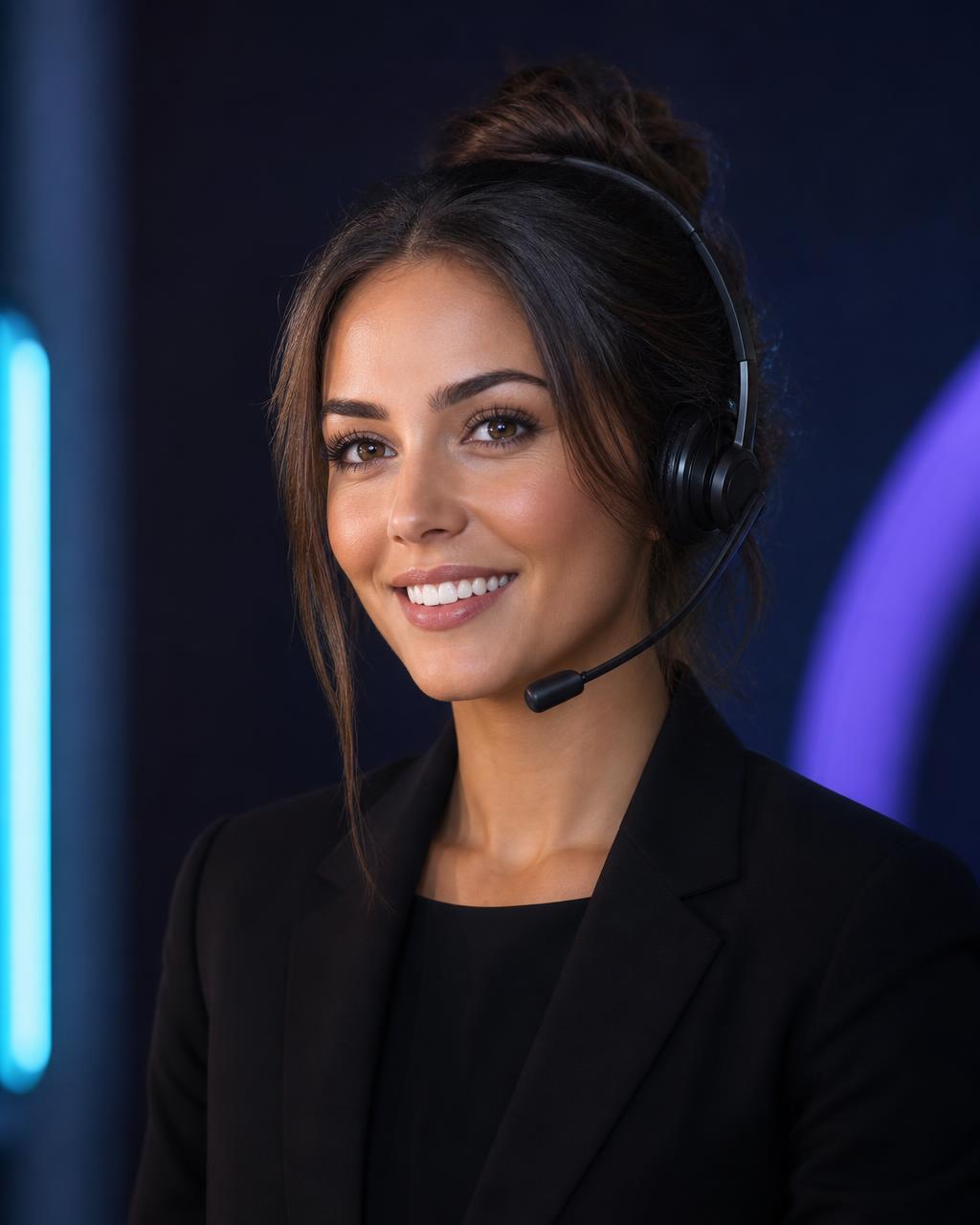 AI Receptionist — photorealistic portrait of a female AI Employee wearing a headset in business attire